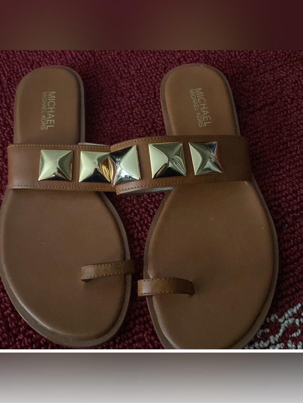 Michael Kors Tan Leather Slide Sandals with Gold Pyramid Studs